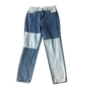 Refuge Denim Patchwork Mom Jeans Contrasting Blue Denim Relaxed Fit Women’s 5
